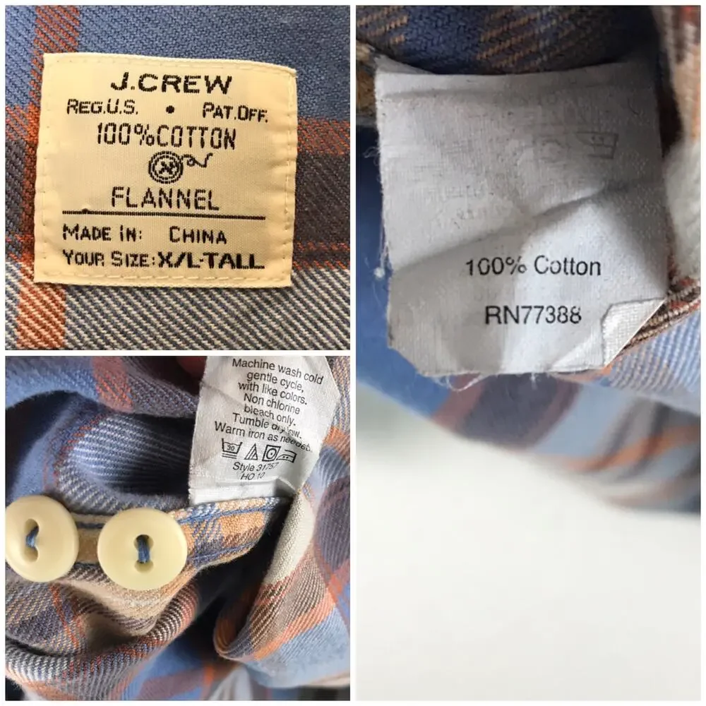 J. Crew Men's 100% Cotton Plaid Flannel Button Front Long Sleeve Size XL Tall